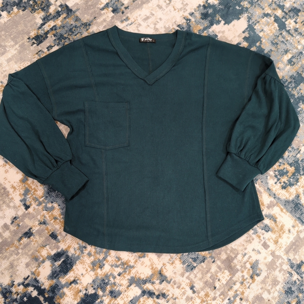 BTFBM Emerald Green V-Neck Long Sleeve Top Oversized - Women's Small Cozy Basic